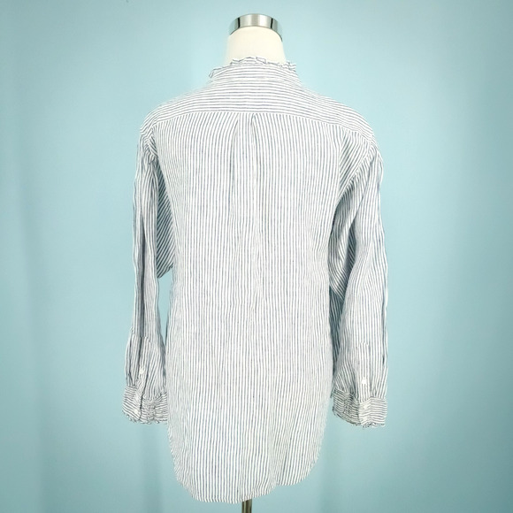 WYSE 5 Size 12 US Paris Linen Stripe Frill Ruffle Button Long Sleeve Top Blouse - Picture 5 of 8